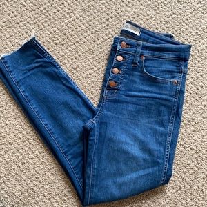 Madewell 10” high Rise skinny, medium wash, light distress and raw hem